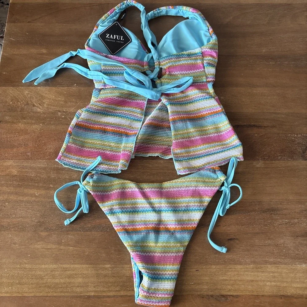 New ZAFUL Women's Small Tankini Set V Neck Tummy Control Tie Side and Back NWT